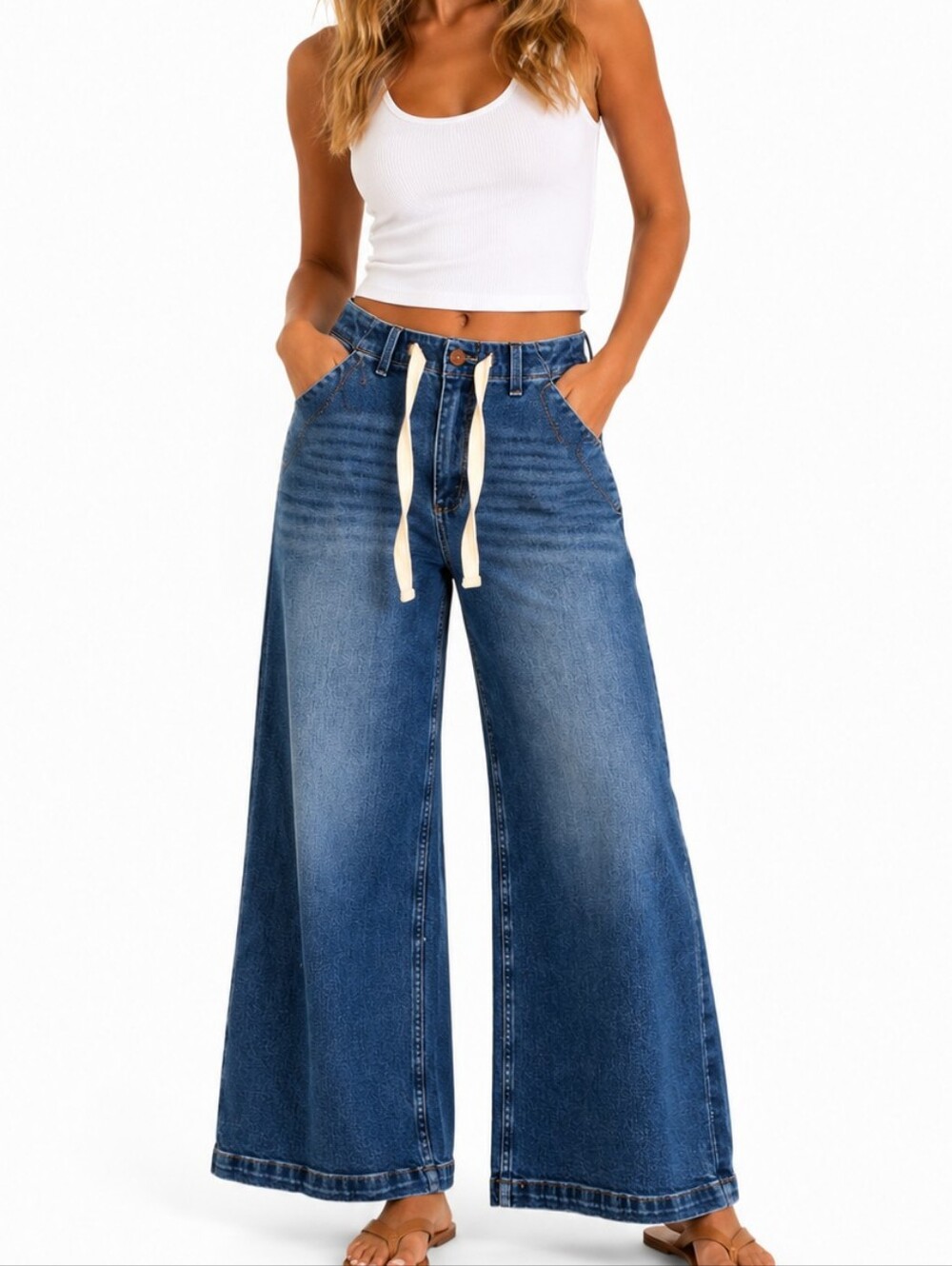 Risen Wide Leg Blue Denim Jogger Jeans with Drawstring Waist